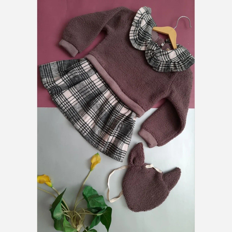 سارافون دخترانه تدی پشمی و دامن کشمیری ضخیم پاییزه در 5 رنگ و 4 سایز