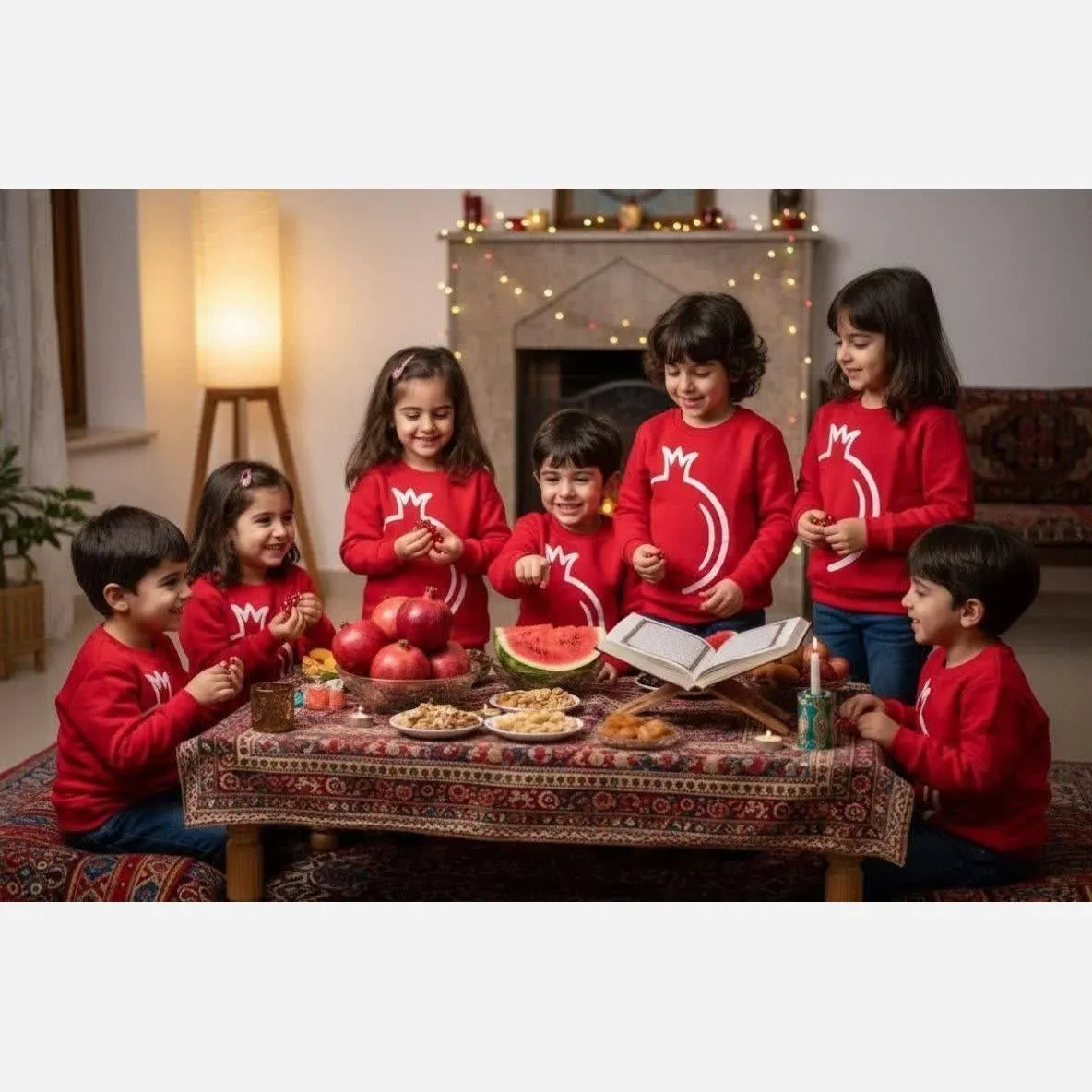 بلوز یلدایی طرح انار دخترانه و پسرانه جنس دورس سایز 2 تا 9 سال