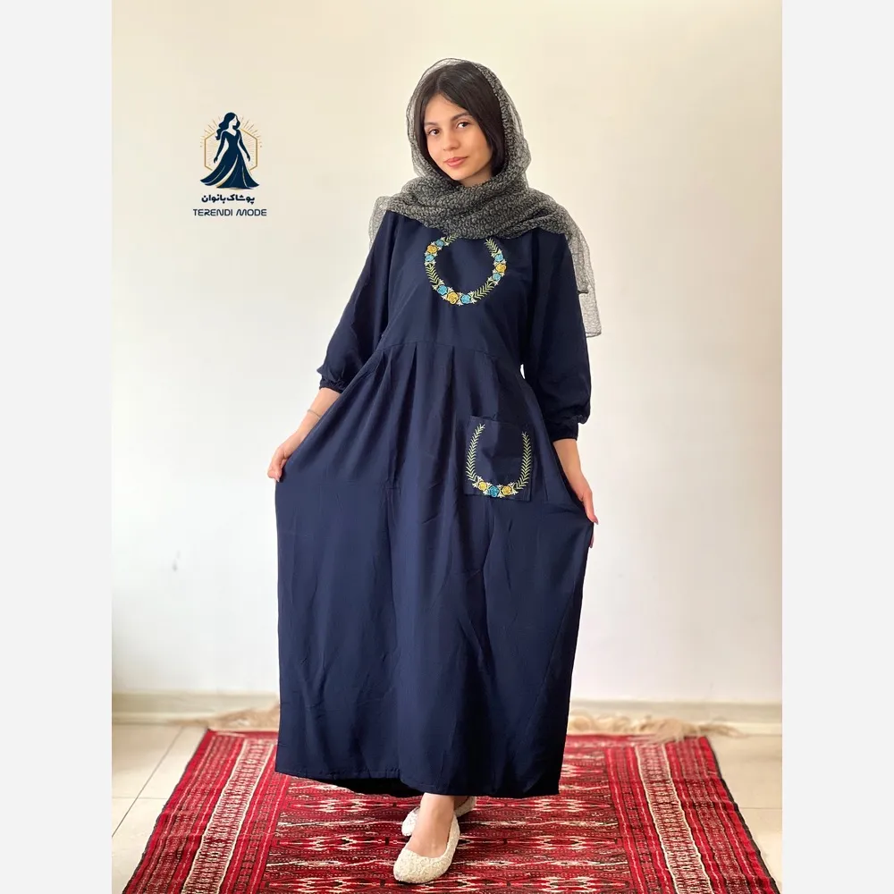 ساحلی گلدوزی تک جیب زنانه جنس نخ ململ رنگ زیتون خنک تابستانه