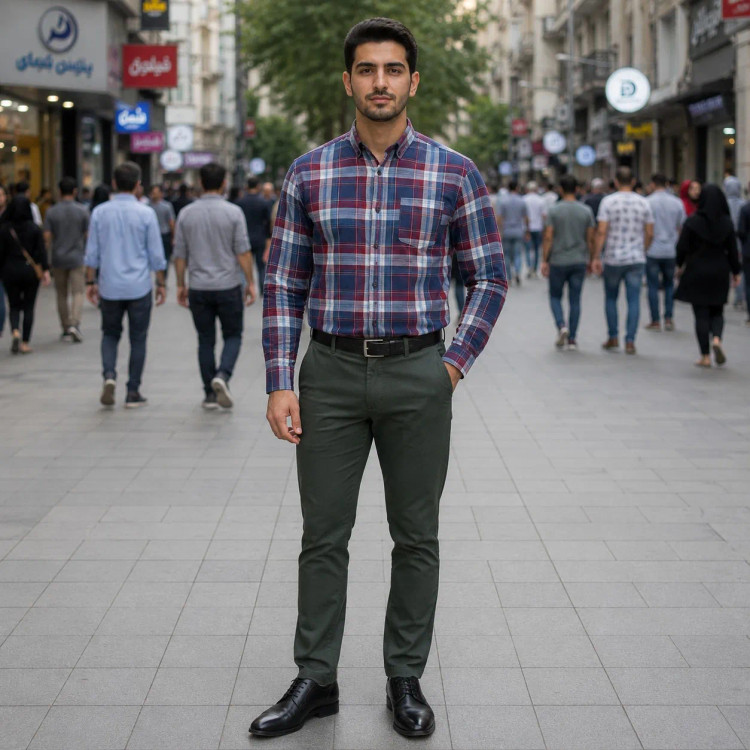 پیراهن آستین بلند مردانه نخی چهارخانه قواره آزاد