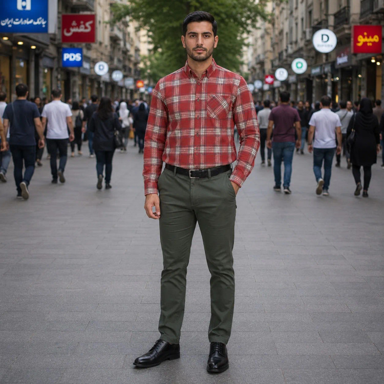 پیراهن آستین بلند مردانه نخی چهارخانه قواره آزاد