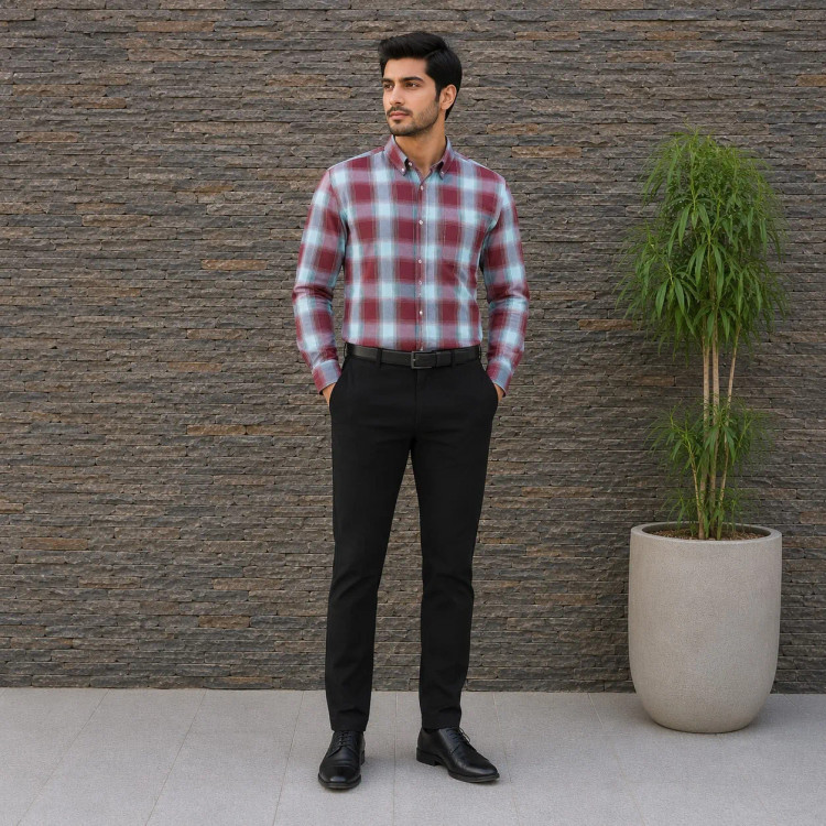 پیراهن چهارخانه مردانه آستین بلند تترون قواره آزاد