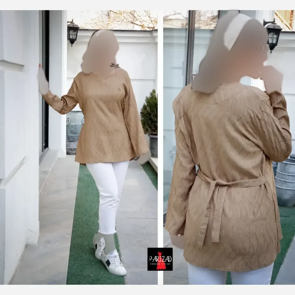 تونیک بهاره نخی کمربندی طرح موجی مناسب سایز 40 تا 46
