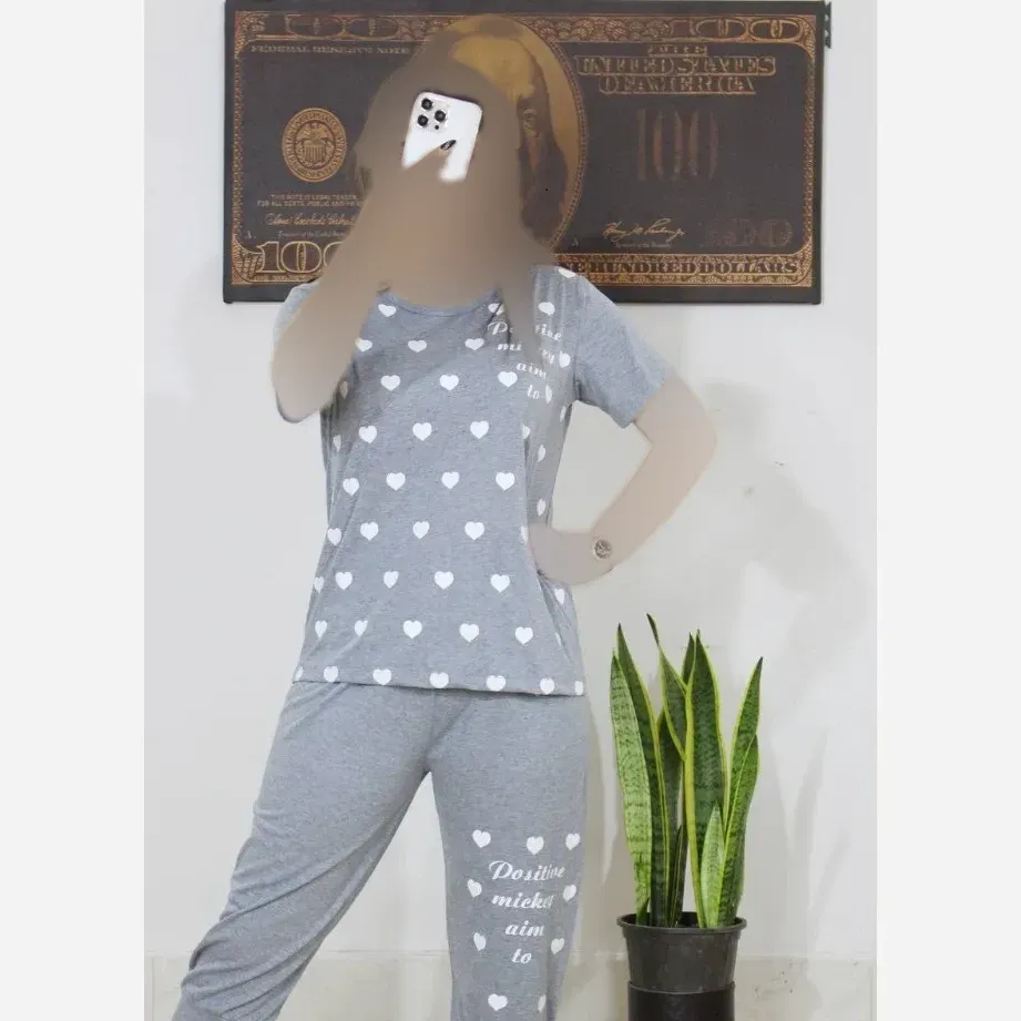 ست تیشرت و شلوار زنانه راحتی طرح قلب جنس نخ ویسکوز فول کش سایز 38 تا 48