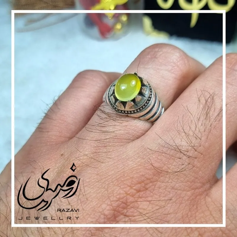 انگشتر نقره مردانه طرح شیر و خورشید با نگین شرف الشمس