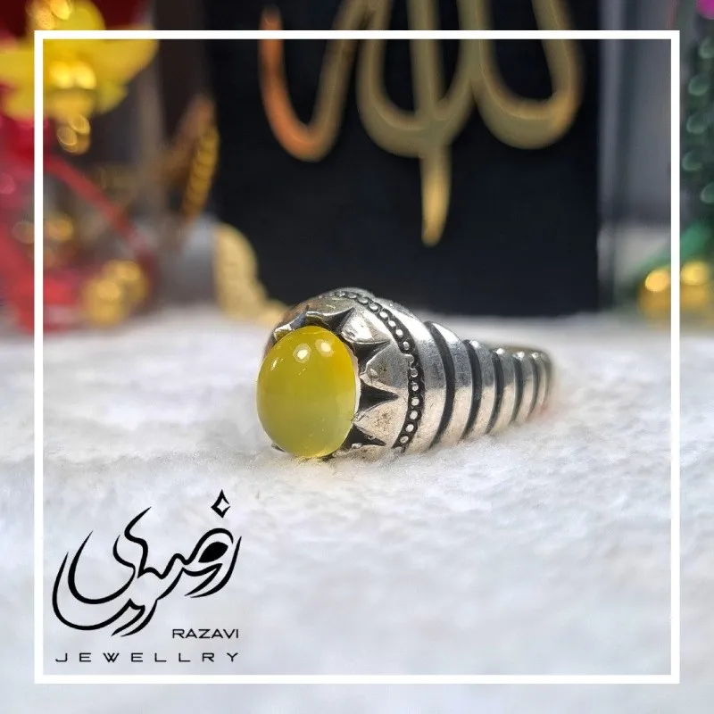 انگشتر نقره مردانه طرح شیر و خورشید با نگین شرف الشمس