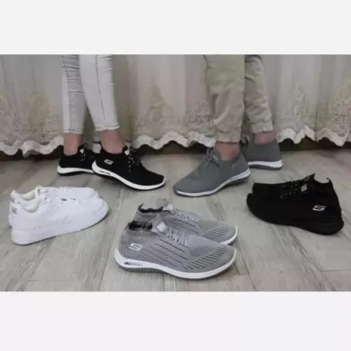 کفش جورابی اسکیچرز زنانه و مردانه کتان مناسب پیاده روی و باشگاه رنگ مشکی و طوسی