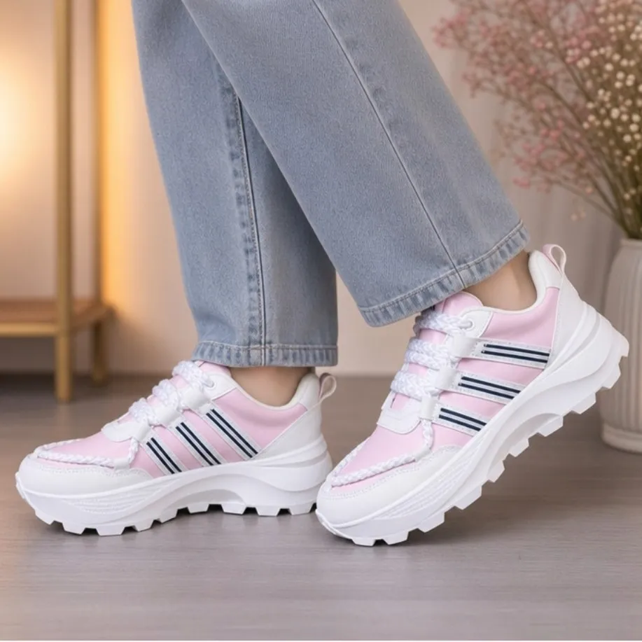 کتونی لژدار زنانه مدل فشن رنگ سفید صورتی زیره پمپی سایز 37 تا 40