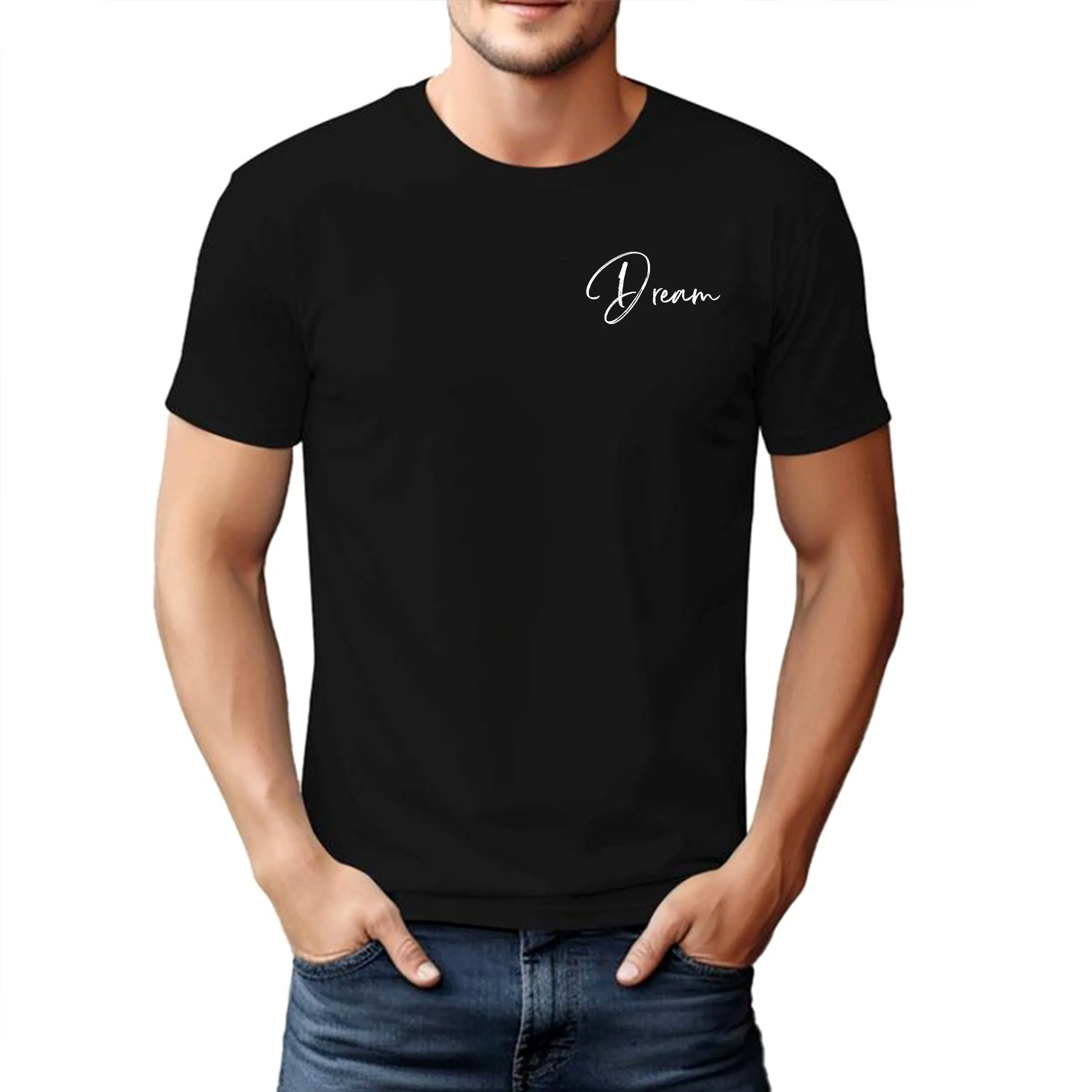 تیشرت آستین کوتاه مشکی مردانه طرح 8987dream جنس پنبه سوپر خنک چهار فصل بدون آبرفت و رنگ دهی