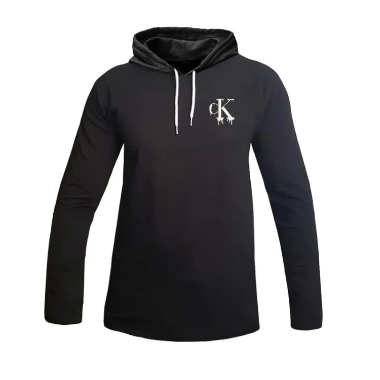 تیشرت آستین بلند مردانه طرح CK مدل S4647 کلاه دار نخی اعلا مشکی سایز L XL 2XL