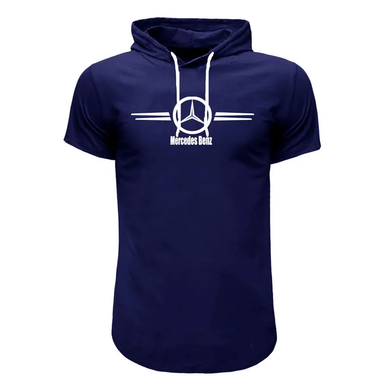 تیشرت کلاه دار مردانه سورمه ای طرح بنز آستین کوتاه نخی سایز L XL 2XL