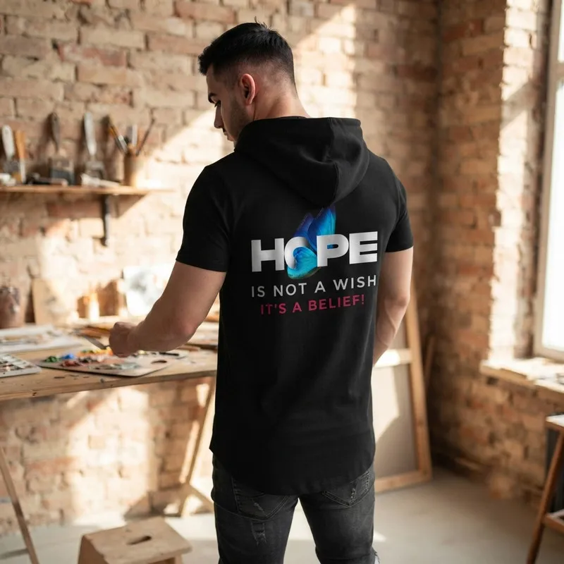 تی شرت مردانه آستین کوتاه الیاف نخی کلاهدار مدل HOPE