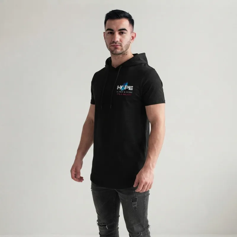 تی شرت مردانه آستین کوتاه الیاف نخی کلاهدار مدل HOPE