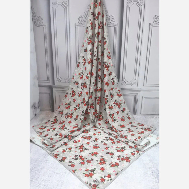 روسری نخ کاستوم طرح چیچک گل سرخ طوسی قواره بزرگ 140 سانتیمتر