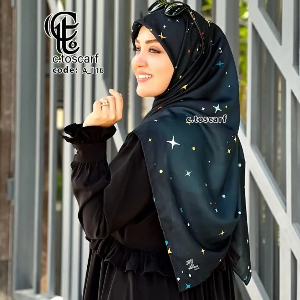 روسری نخی کاستوم طرح ستاره شب سرمه ای قواره بزرگ 140*140 دور دوخت