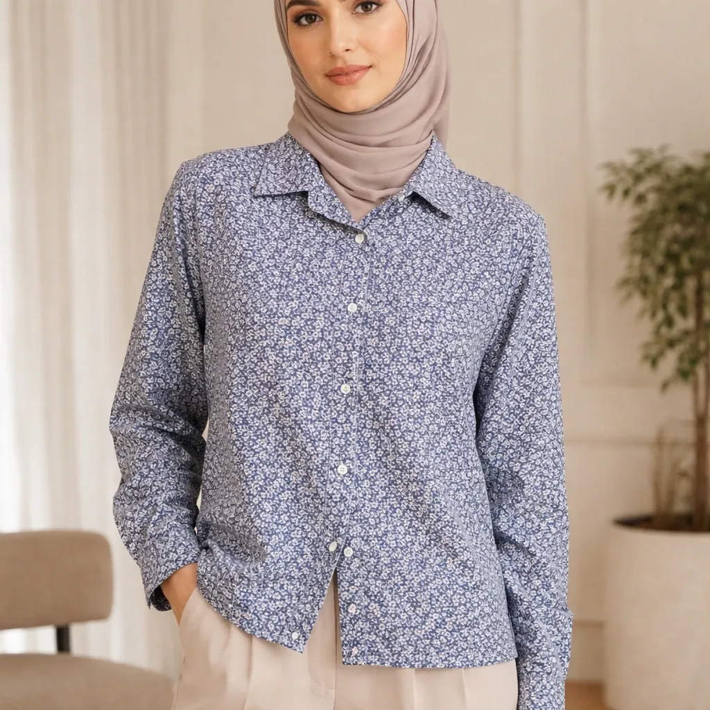 شومیز زنانه نخی گلریز بهاری اورسایز مدل یقه مردانه آبی طوسی