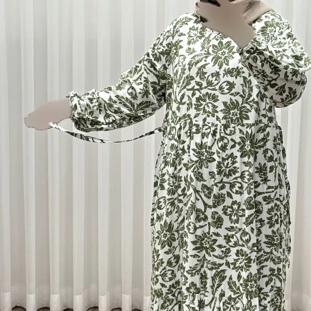 پیراهن نخی زنانه و دخترانه مدل گل یخی فری سایز مناسب تا سایز 50 با کمربند