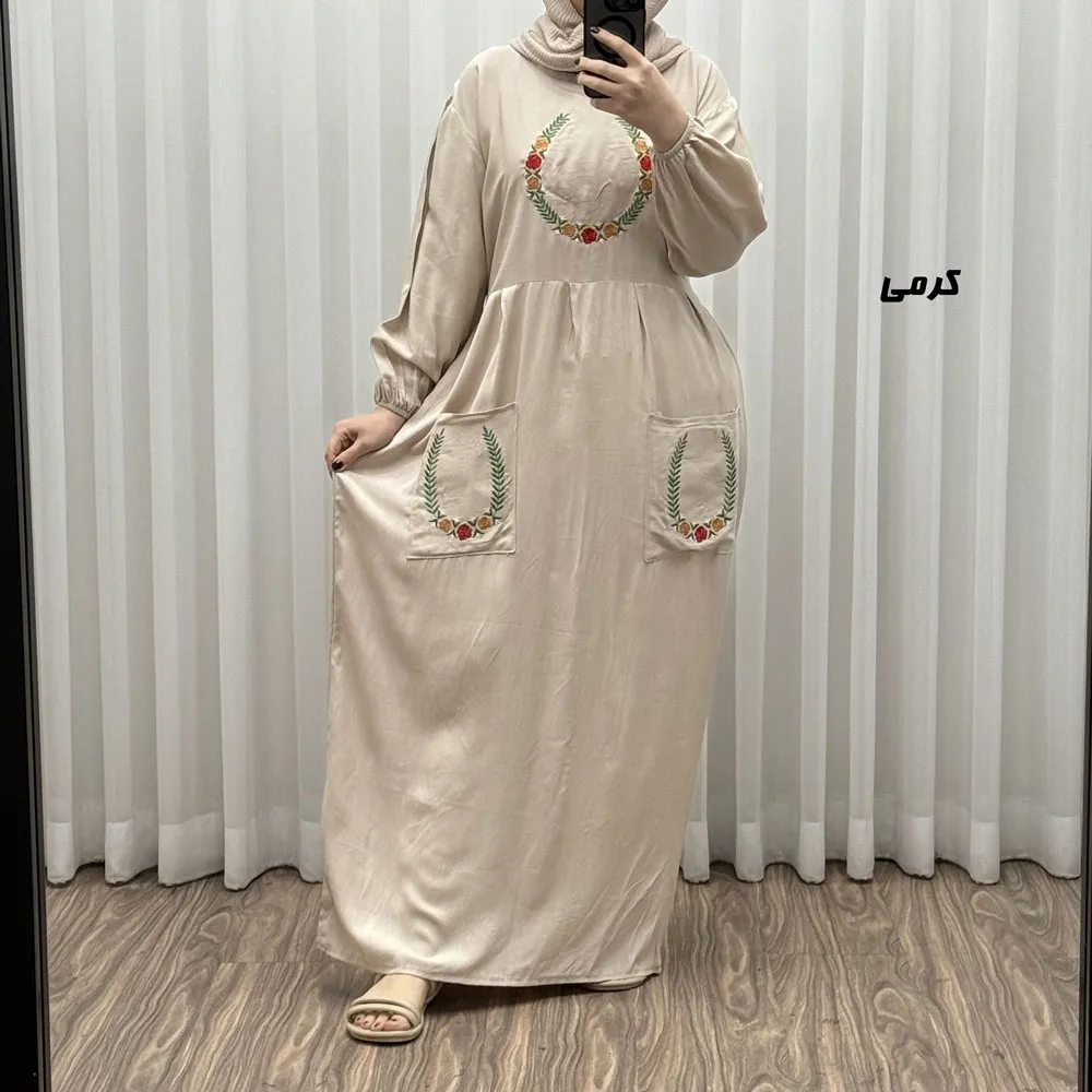پیراهن نخی گلدوزی زنانه مدل خاطره فری سایز مناسب تا 48