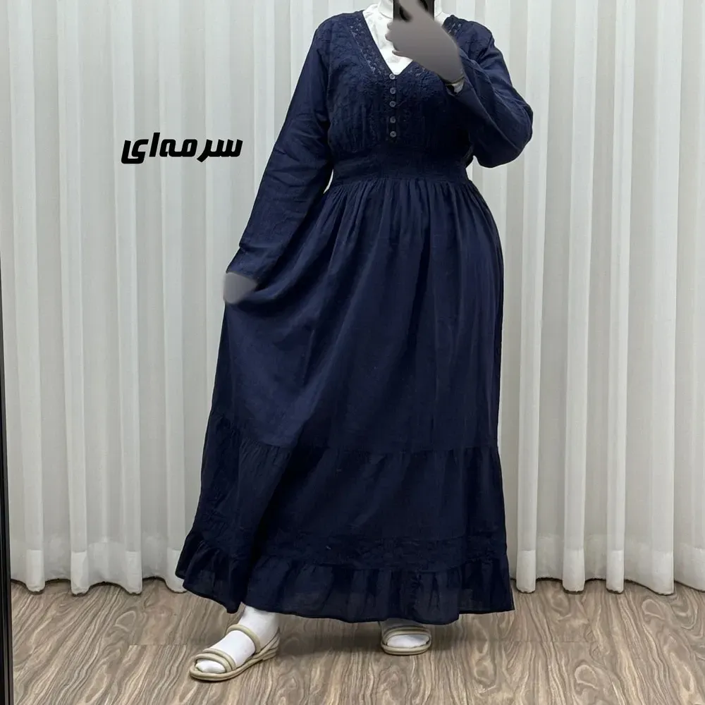 پیراهن ساحلی زنانه آستین بلند نخی تافته فری سایز مدل سلن دکمه دار آستردار