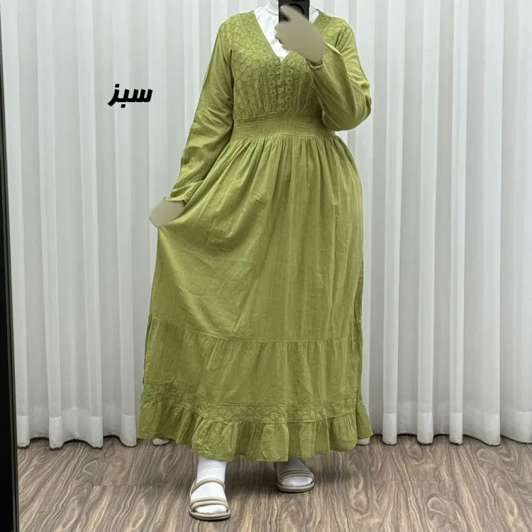 پیراهن ساحلی زنانه آستین بلند نخی تافته فری سایز مدل سلن دکمه دار آستردار