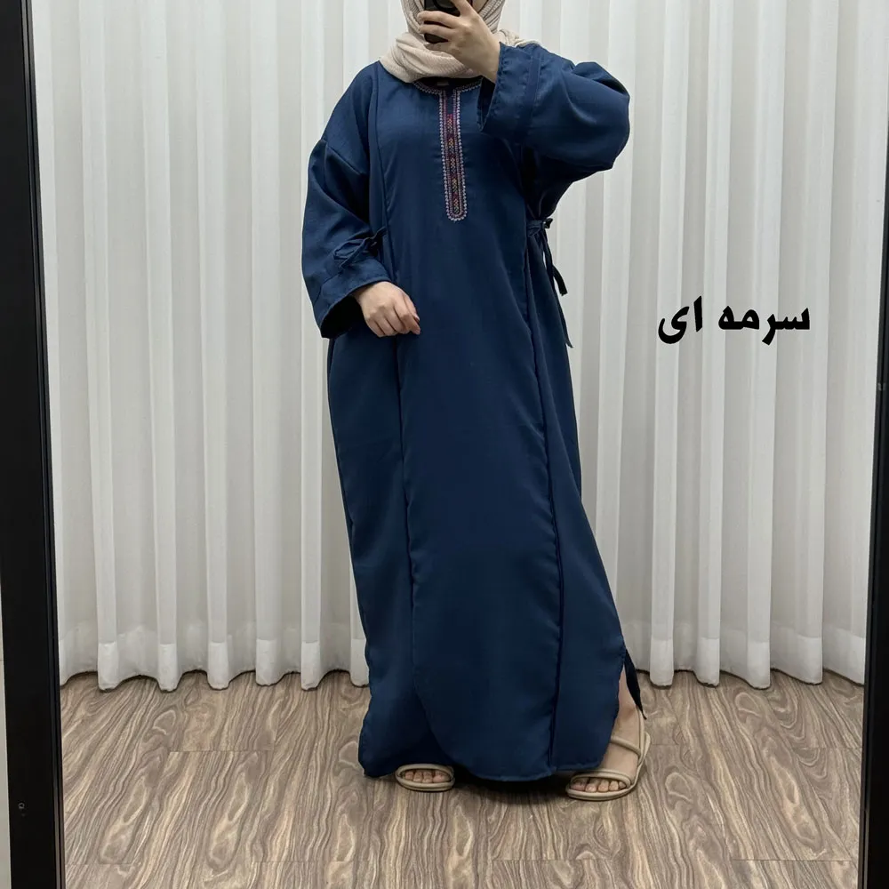 پیراهن نخی گلدوزی یال صوفیا فری سایز تا 52 بنددار چهارفصل زنانه شیک