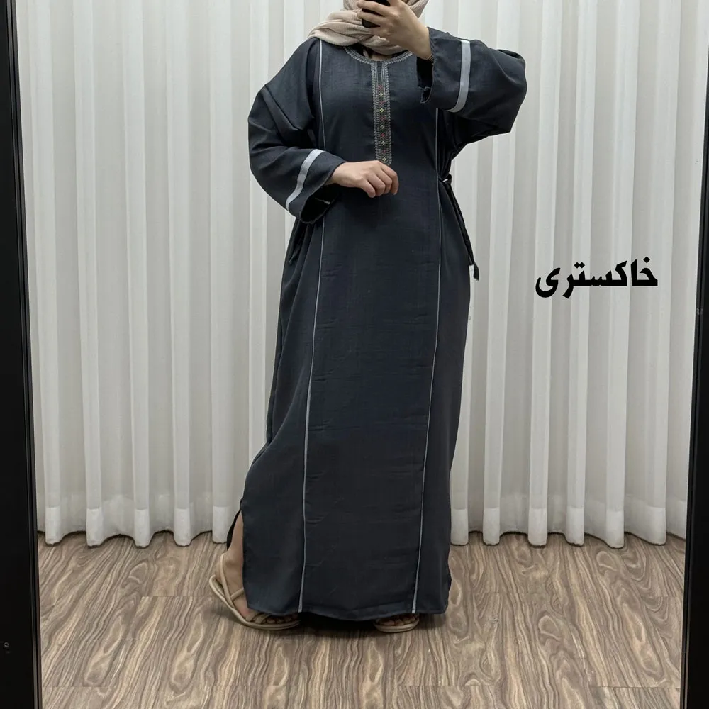 پیراهن نخی گلدوزی یال صوفیا فری سایز تا 52 بنددار چهارفصل زنانه شیک