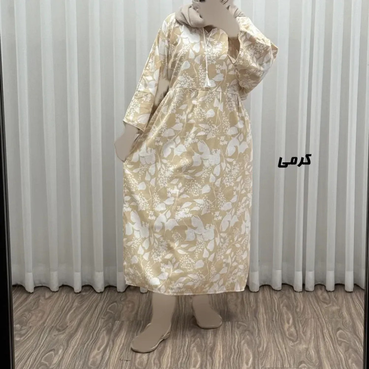 پیراهن ساحلی زنانه لینن طرحدار فری سایز مناسب تا سایز 50 با کمربند