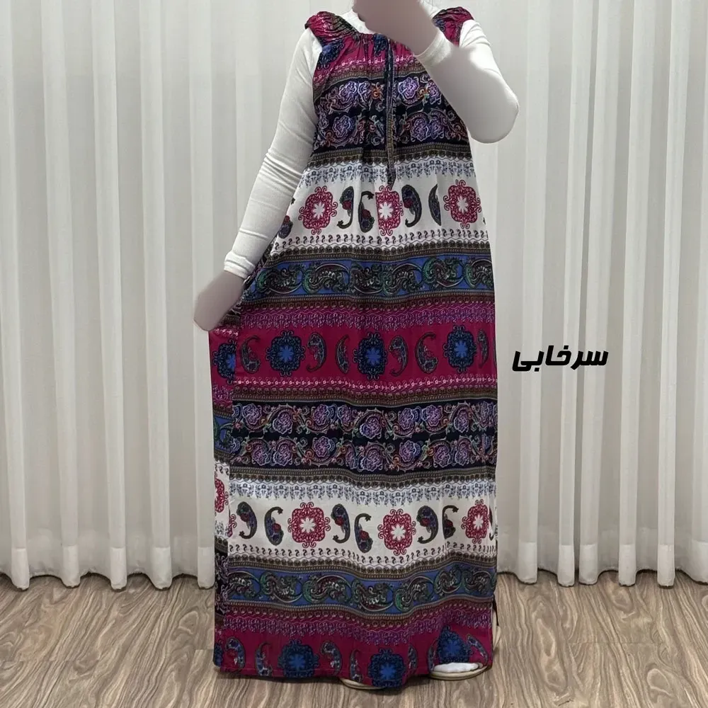 پیراهن ماکسی نخی زنانه آستین حلقه ای فری سایز مناسب تا سایز 52