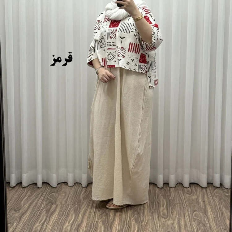 ست کراپ و سارافون لینن زنانه فری سایز مناسب تا 48