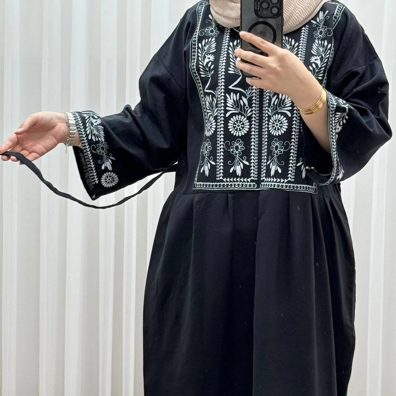 پیراهن زنانه لینن طرح مایا فری سایز مناسب تا 48 با کمربند
