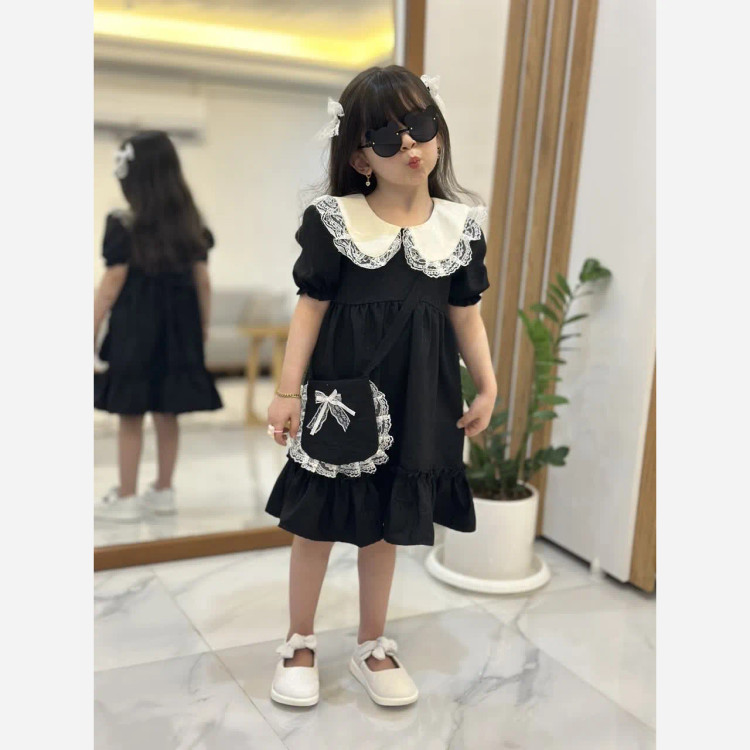 ست 4 تیکه دخترانه پیراهن لنین به همراه کیف و 2 گیره مو سایز 2 تا 8 سال