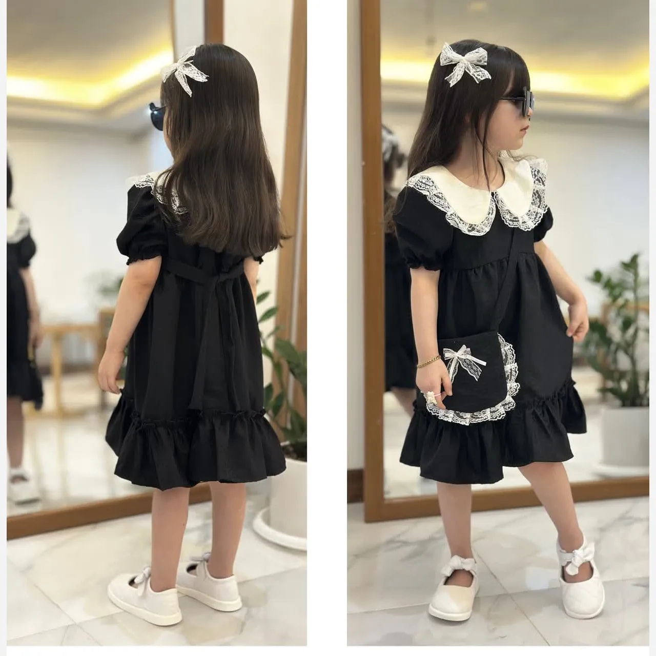 ست 4 تیکه دخترانه پیراهن لنین به همراه کیف و 2 گیره مو سایز 2 تا 8 سال