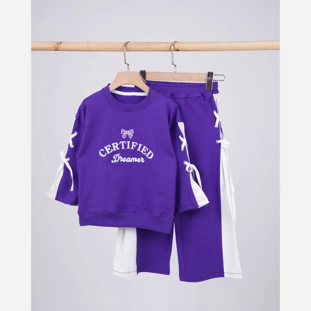 ست دخترانه دورس پاپیوندار با شلوار بگ مناسب پاییز و زمستان سایز 45 تا 60