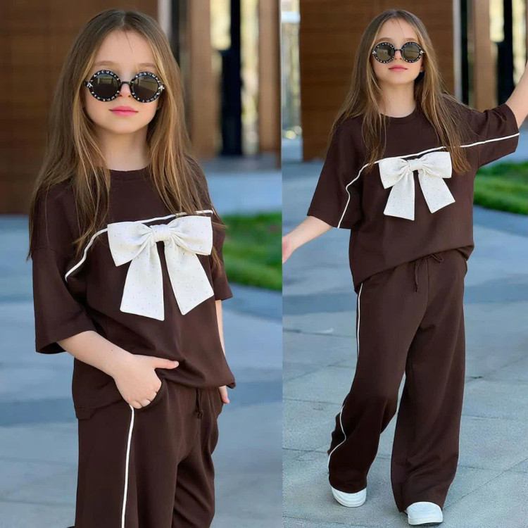 ست تیشرت و شلوار دخترانه مدل پاپیون جنس دونخ پنبه 100٪ سایز 1 تا 5