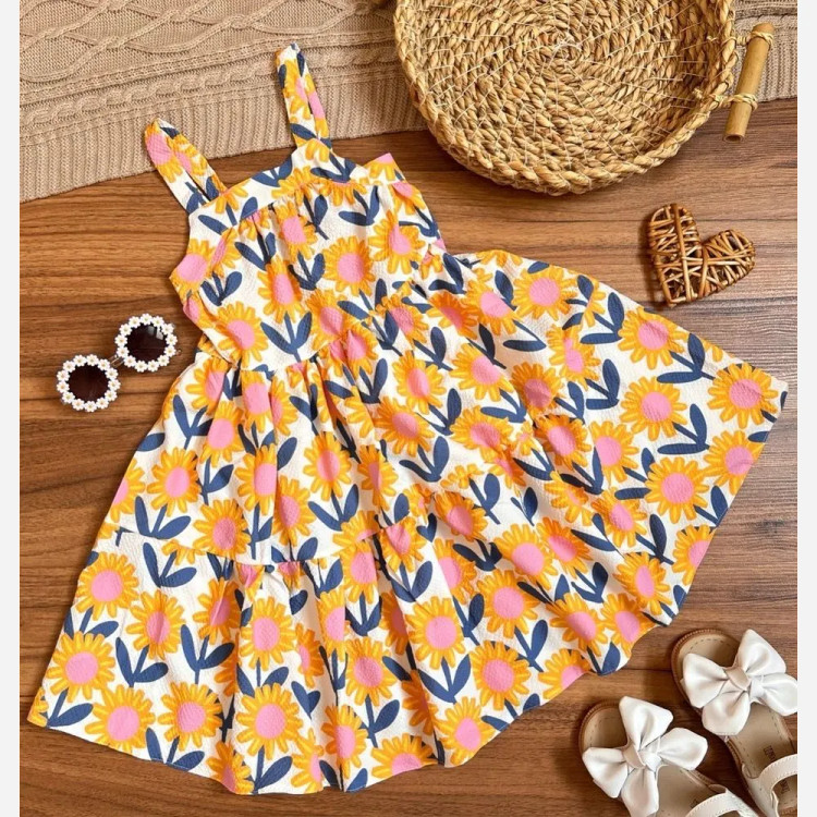 پیراهن دخترانه طرح آفتابگردون جنس نخی مناسب 2 تا 8 سال
