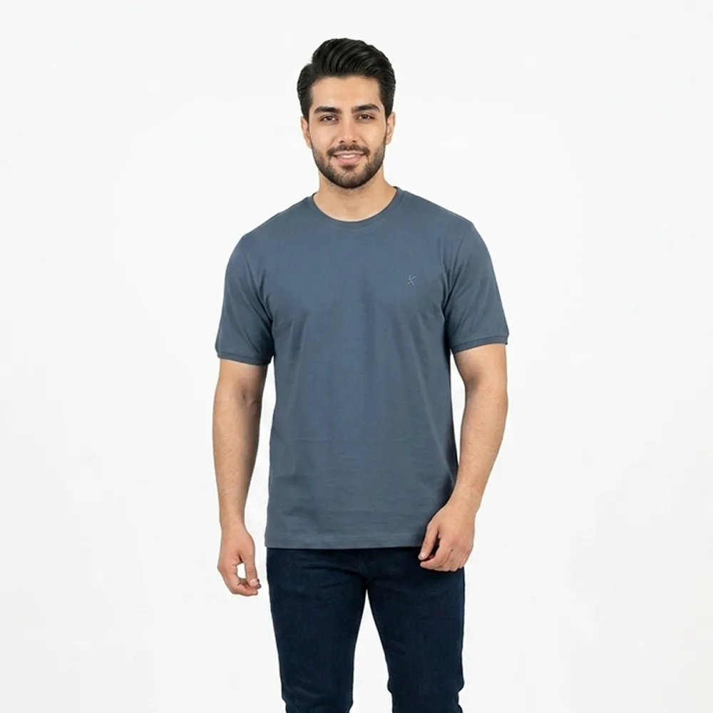 تیشرت بیسیک مردانه پنبه خالص یقه گرد رنگ آبی نفتی کد 11856