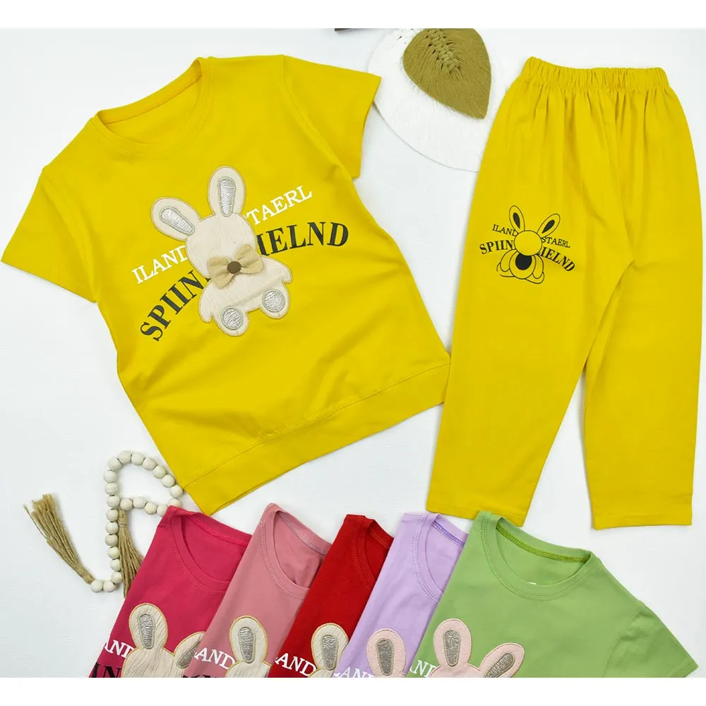ست تیشرت و شلوارک دخترانه طرح خرگوش پاپیونی جنس پنبه سوپر