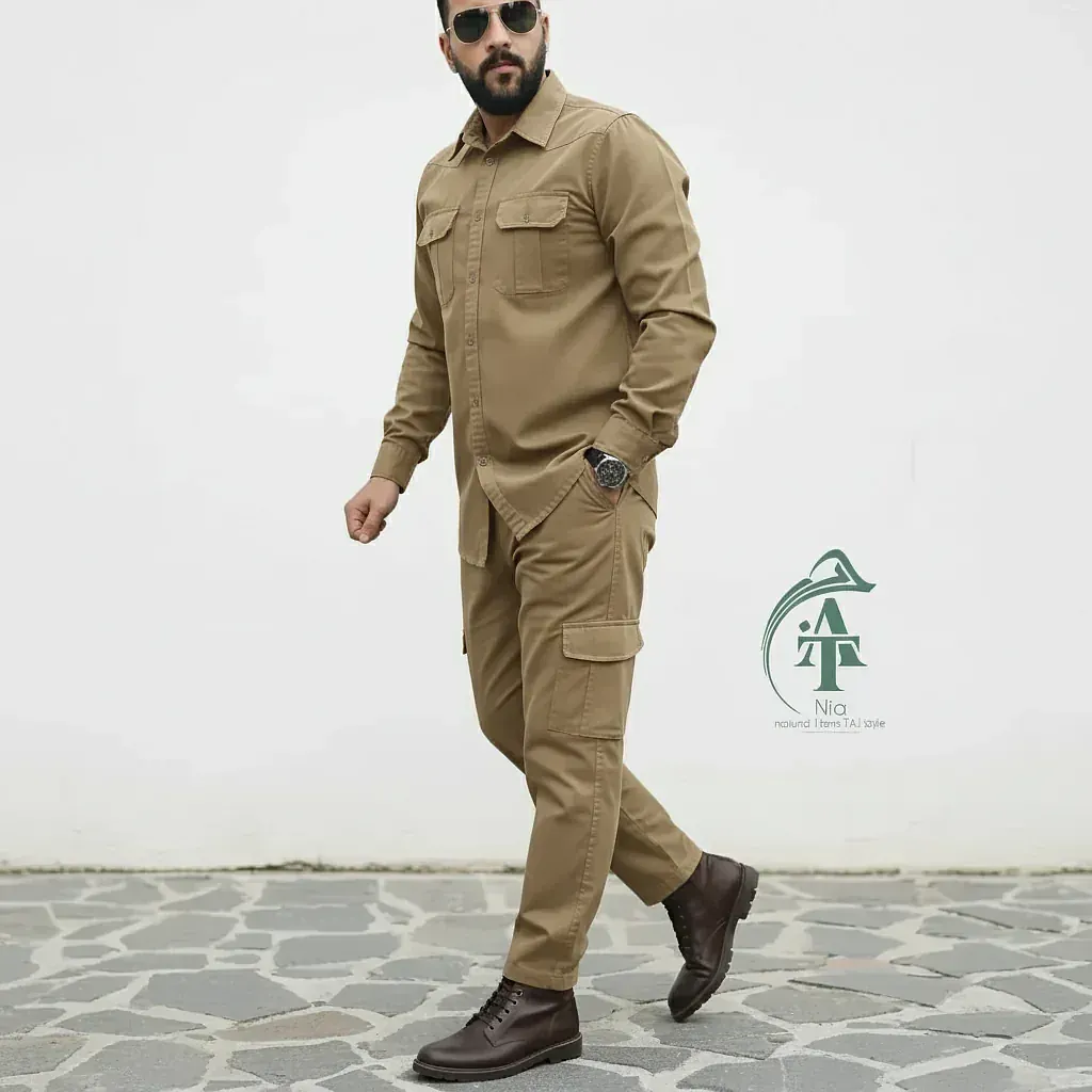 ست پیراهن و شلوار کتان مردانه مدل یاشیل رنگ خاکی
