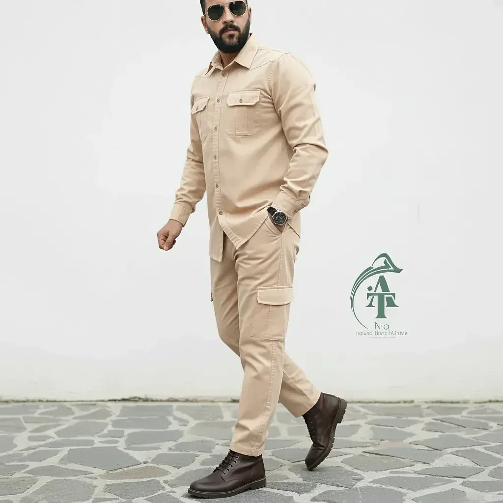 ست پیراهن و شلوار کتان مردانه مدل یاشیل رنگ نخودی