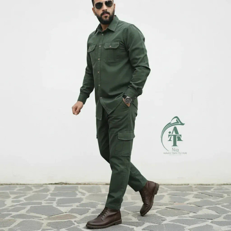 ست پیراهن و شلوار کتان مردانه مدل یاشیل رنگ سبز یشمی
