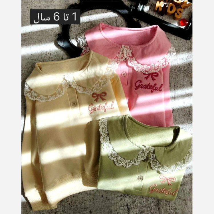بلوز دخترانه یقه ب ب توری جنس دورس پنبه مناسب 1 تا 7 سال