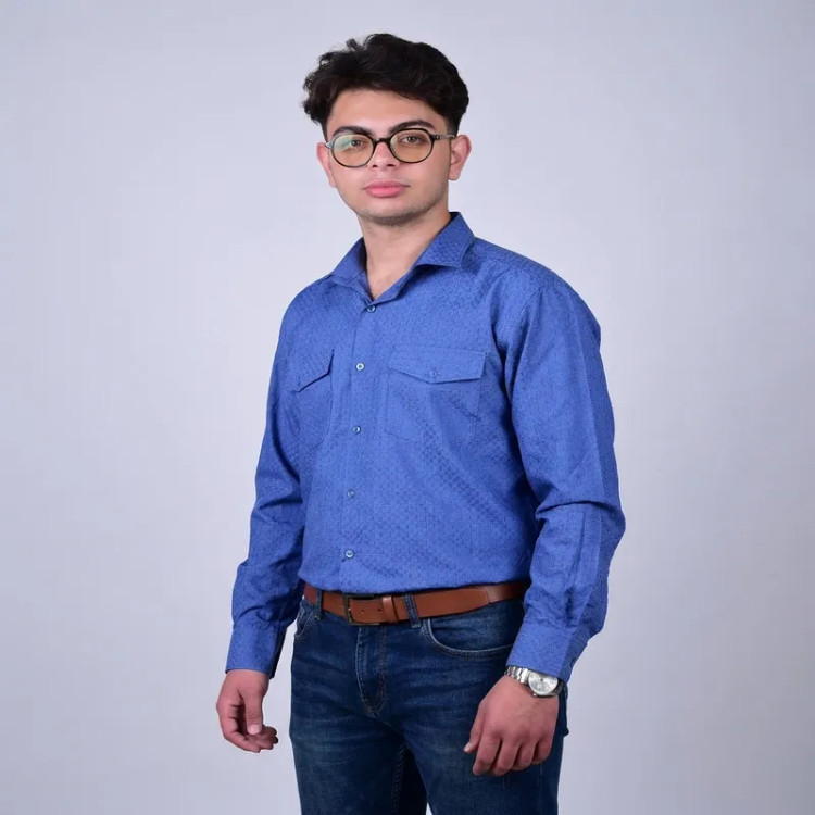 پیراهن مردانه آستین بلند تترون دو جیب مدل بافت خاویاری چهارخانه رگولار فیت