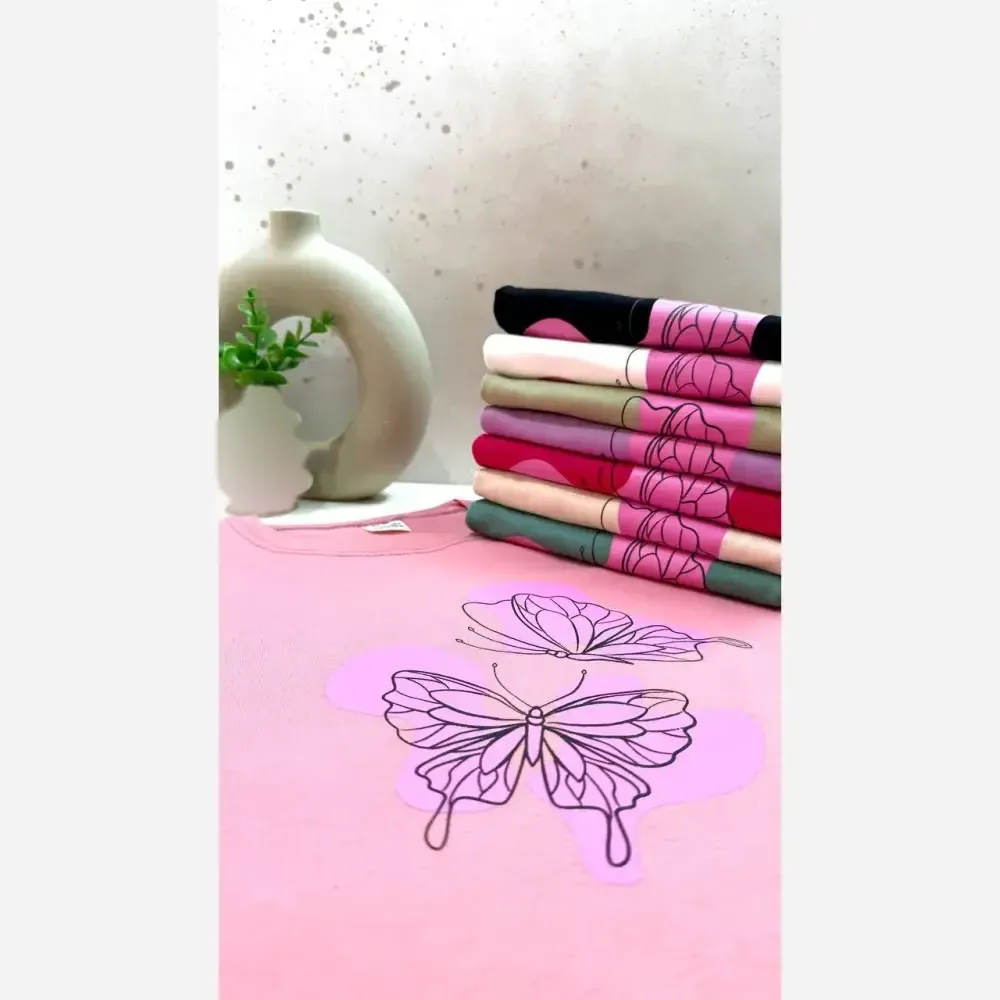 تیشرت زنانه نخ پنبه طرح پروانه قواره بزرگ سایز 38 تا 46