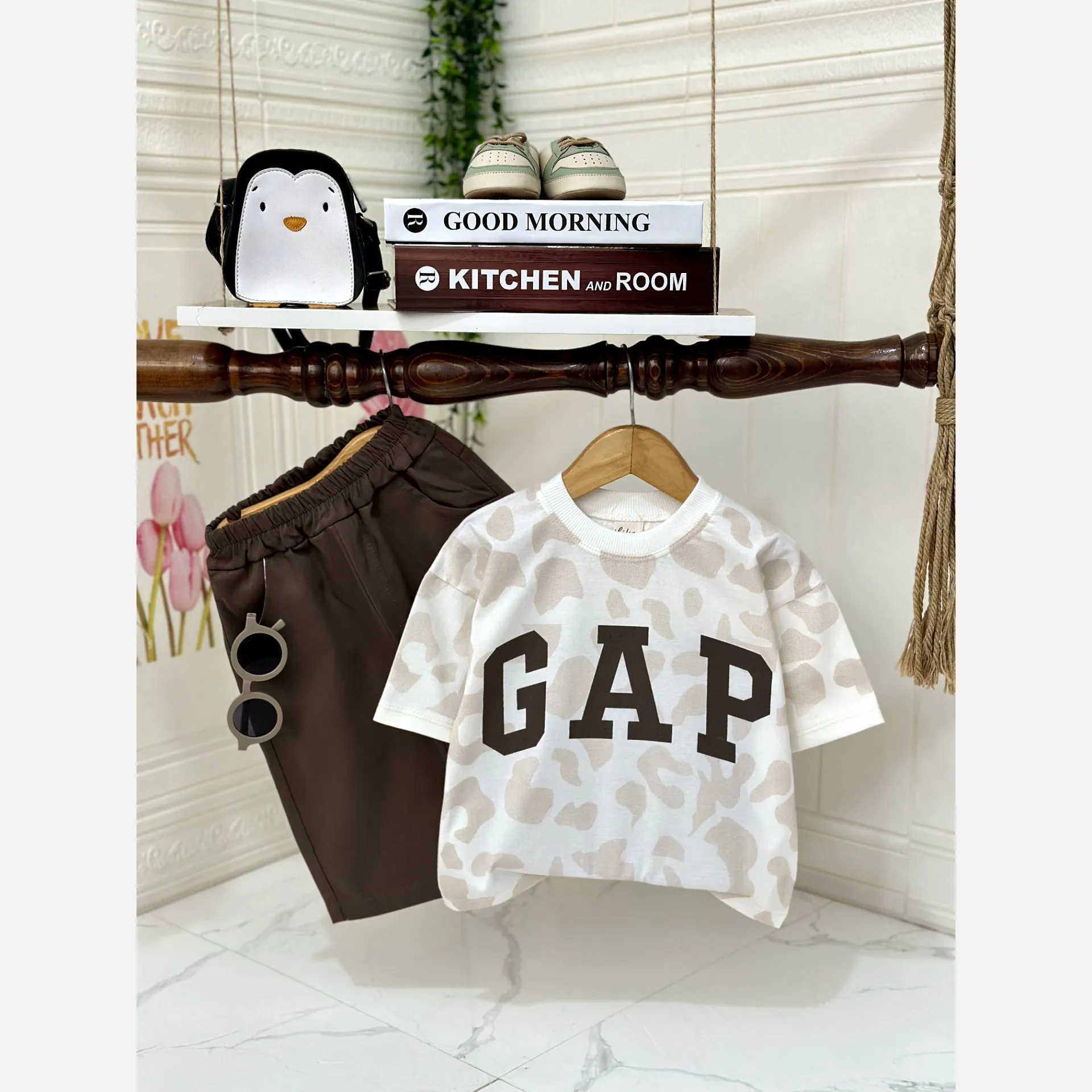 ست تیشرت و شلوارک دخترانه GAP نخ پنبه و کتان مناسب 2 تا 8 سال
