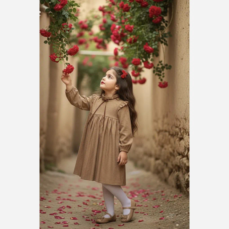 پیراهن دخترانه مخمل کبریتی یلدایی قرمز و کرم مناسب 4 تا 12 سال