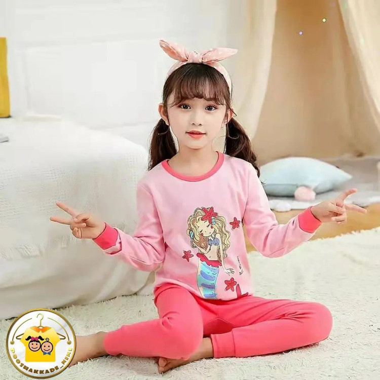 ست بلوز و شلوار راحتی دخترانه طرح پری دریایی جنس نخ پنبه سایز 3 تا 10 سال