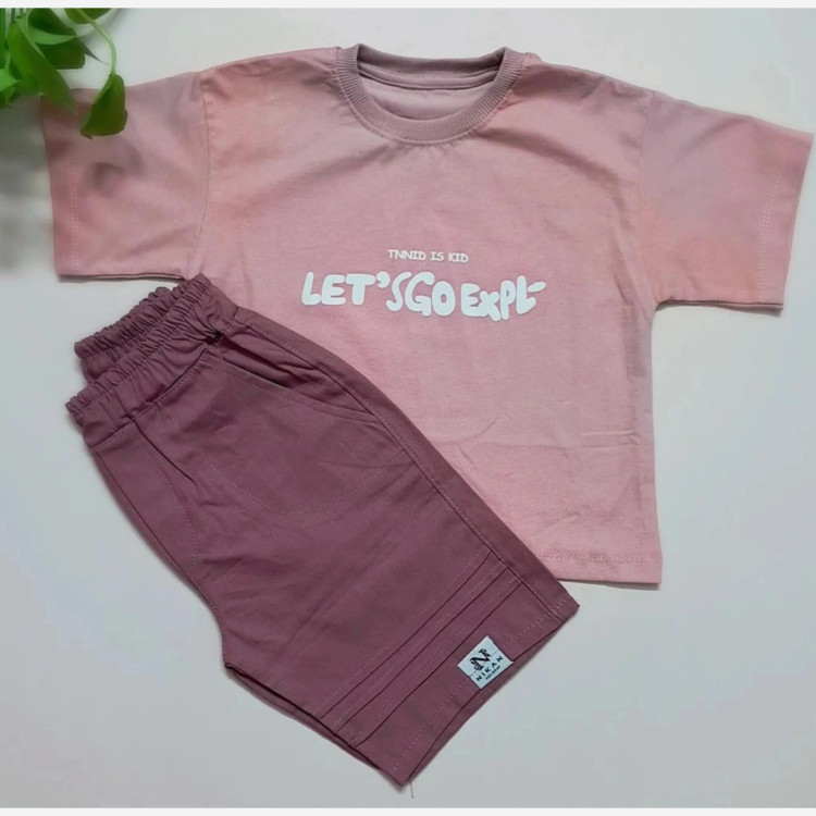 ست تیشرت و شلوارک اسپرت پسرانه و دخترانه مدل let's go جنس پنبه یک رو