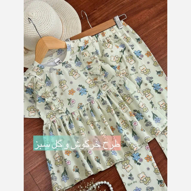 ست بلوز و شلوار راحتی دخترانه طرح خرگوش و گل رنگ سبز جنس پنبه لاکرا
