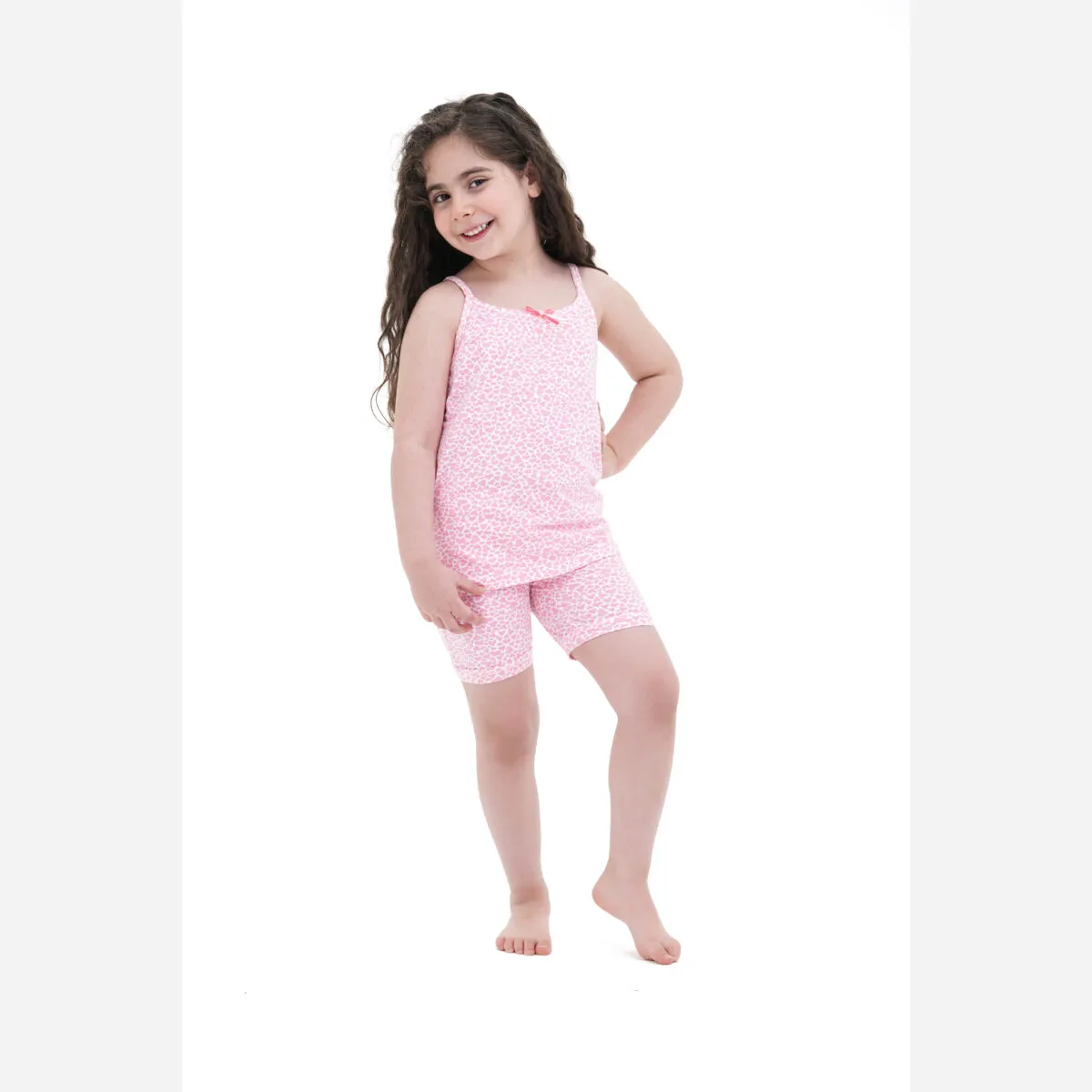 ست تاپ و شورت دخترانه طرح قلب و ستاره رنگ سرخابی جنس پنبهای