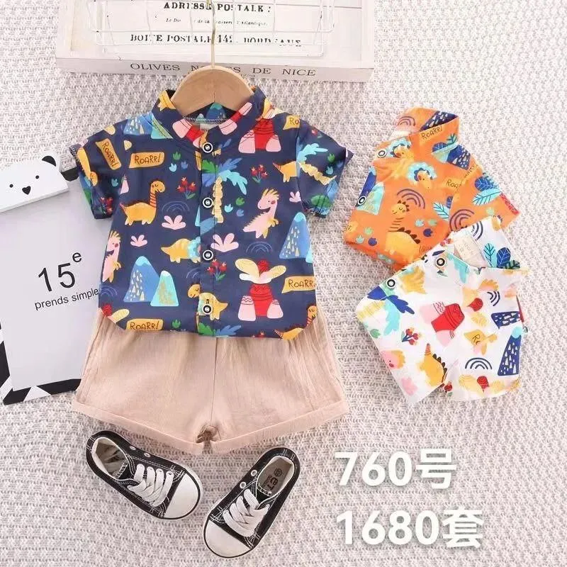 ست تیشرت و شلوارک نوزادی پسرانه طرح دایناسور وارداتی تابستانه
